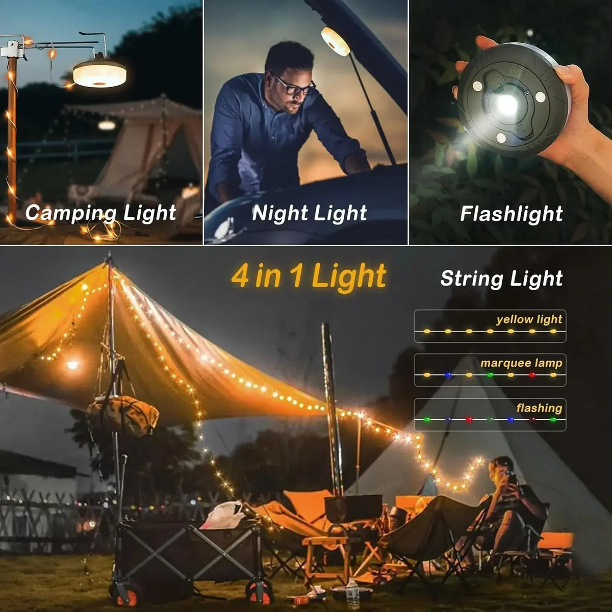 🏕️ CampLicht – 4-in-1 Campinglampe & LED-Lichterkette mit Akku