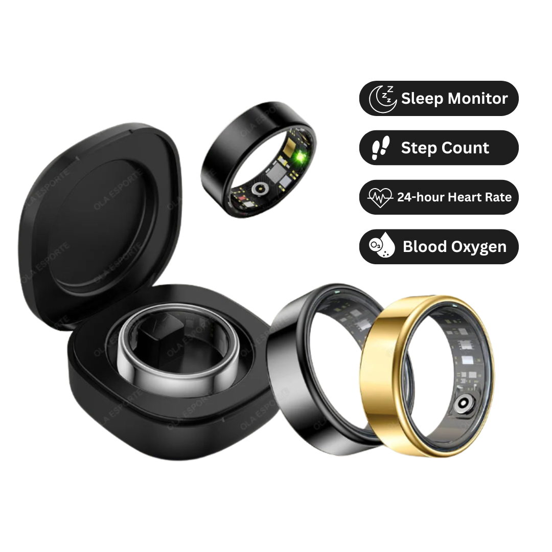 Smart ring with black and gold bands, open case, and feature icons on a white background