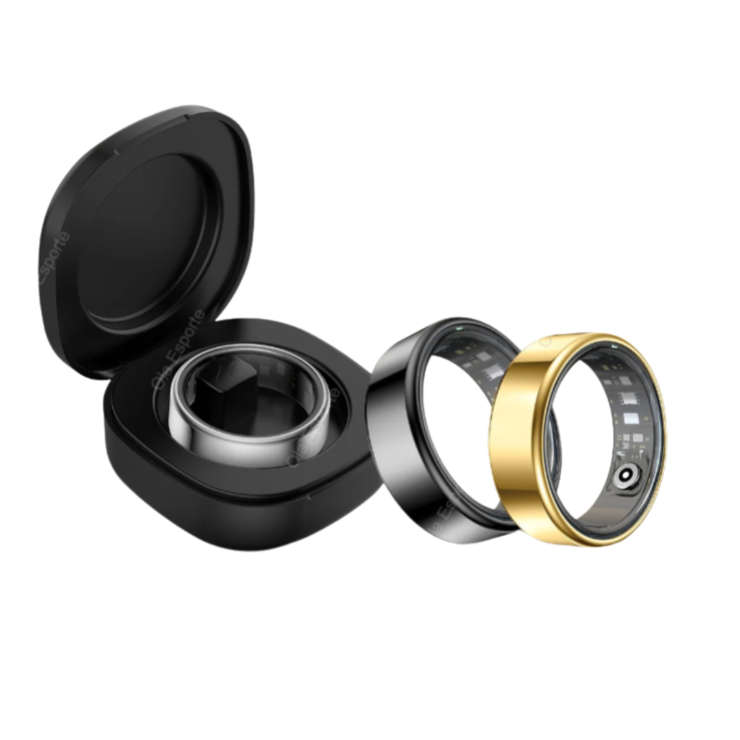 Three camera lens rings in black, silver, and gold on a white background