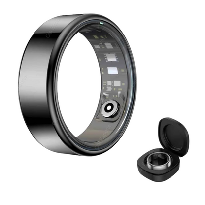 Smart ring with electronic components on a white background