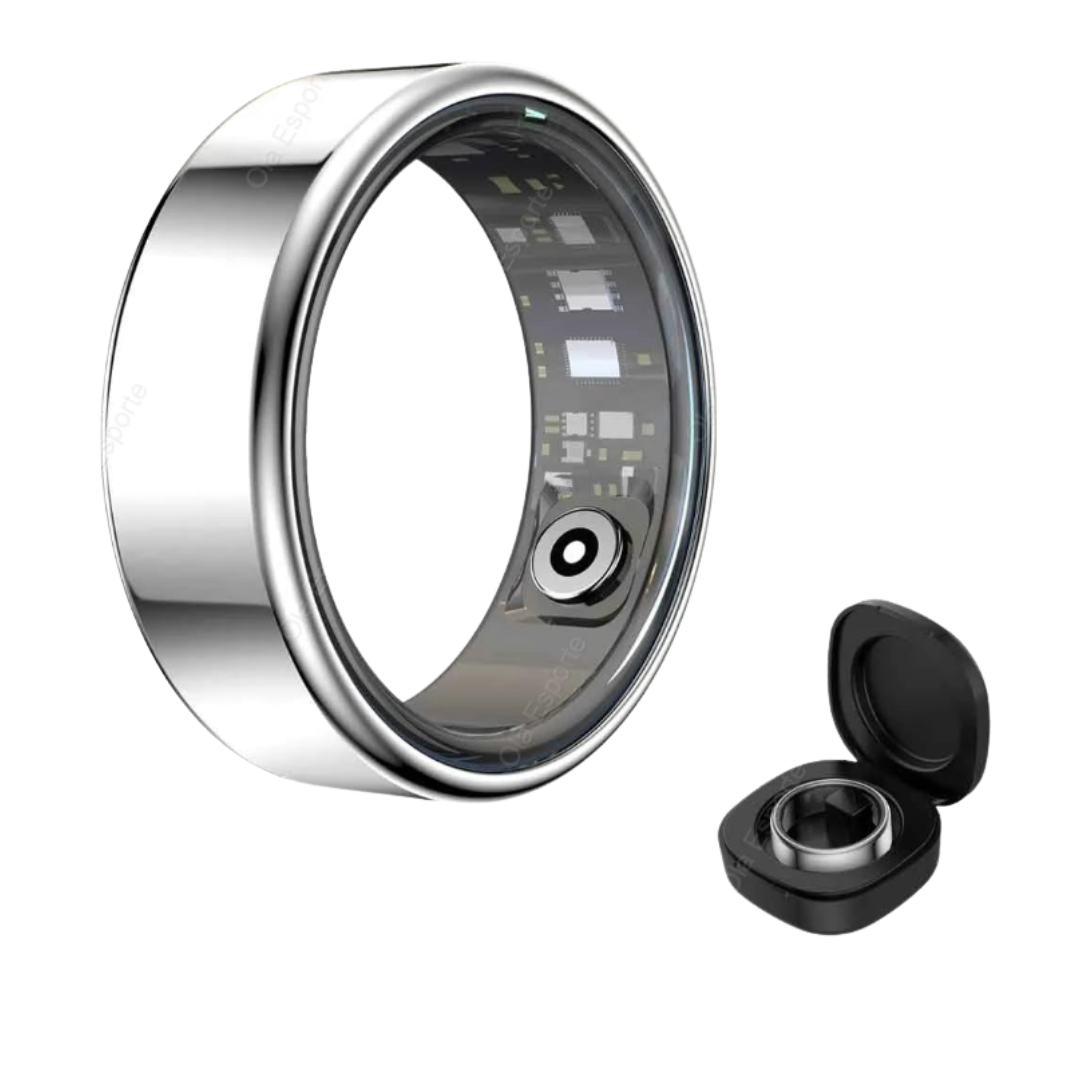 Smart ring with electronic components on a white background