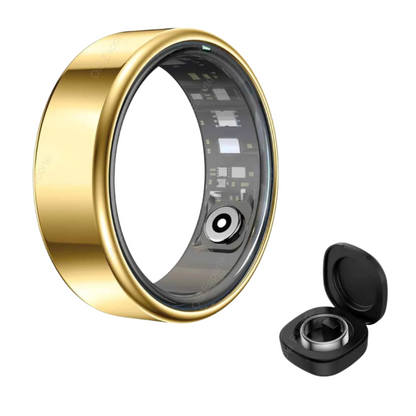 Gold ring with electronic components on a white background