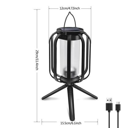 Black outdoor lantern with USB cable and measurements on a white background