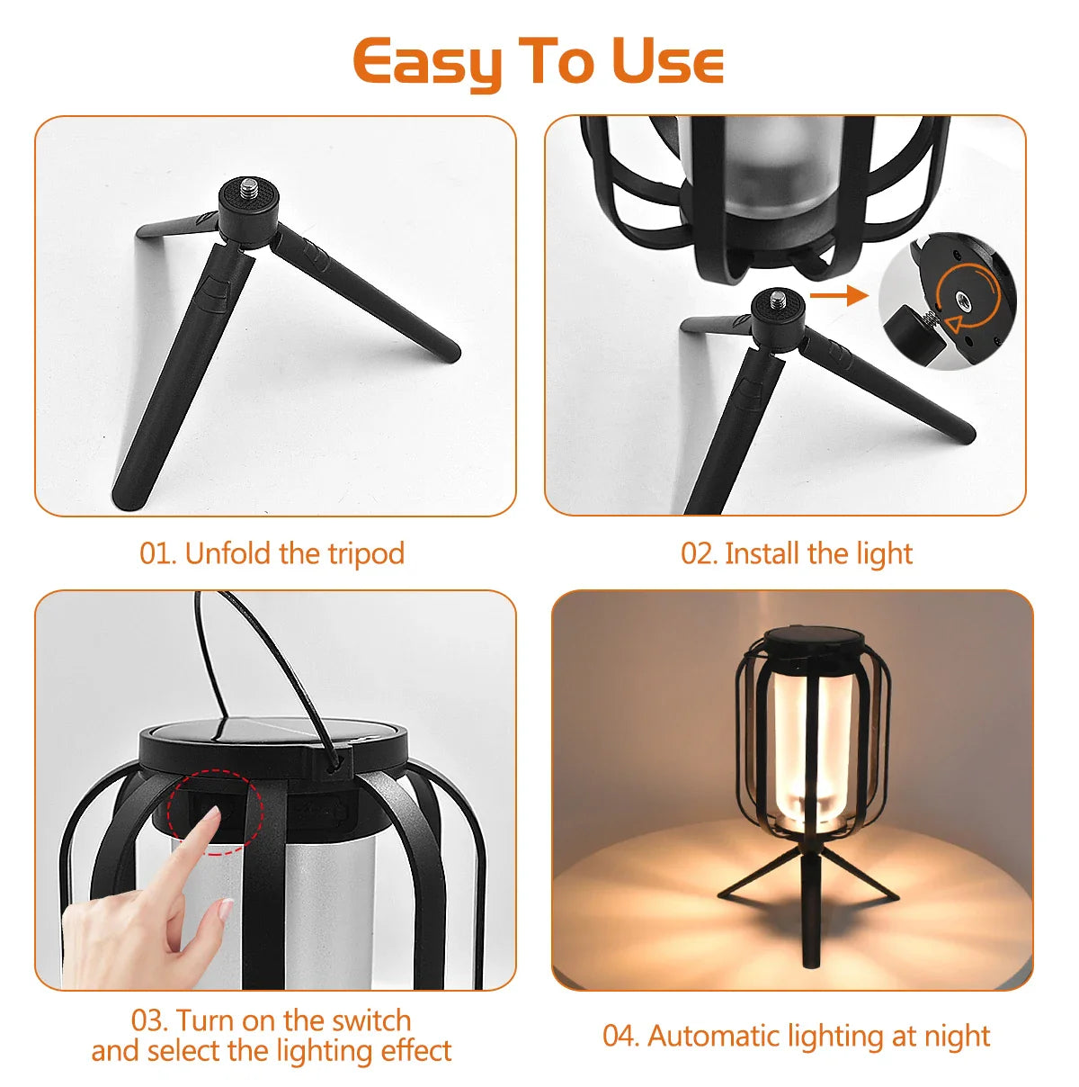 Step-by-step guide on how to use a black tripod-mounted light with switch control.