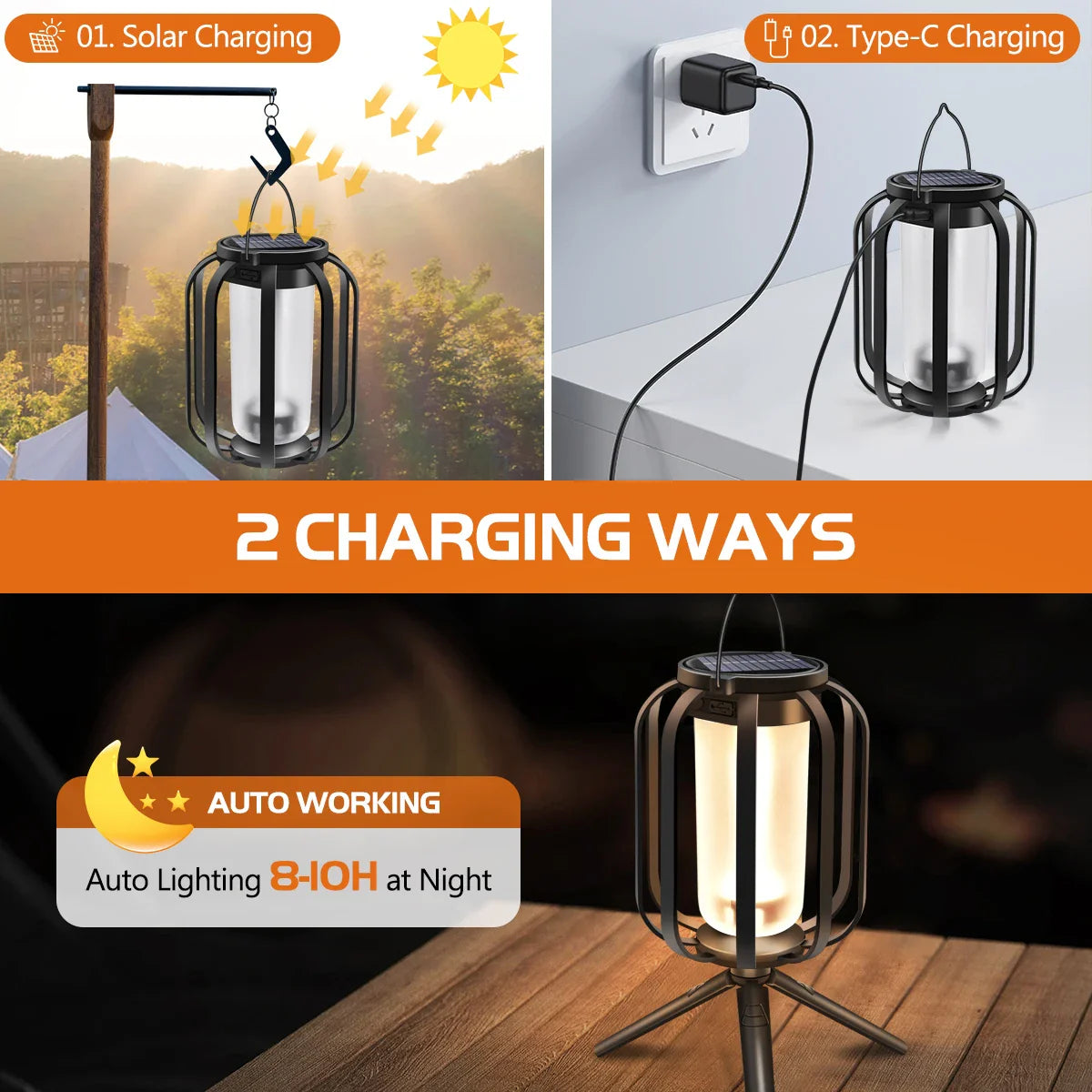 Solar-powered outdoor lantern with charging options and auto lighting feature.