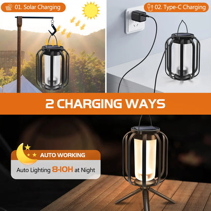 Solar-powered outdoor lantern with charging options and auto lighting feature.