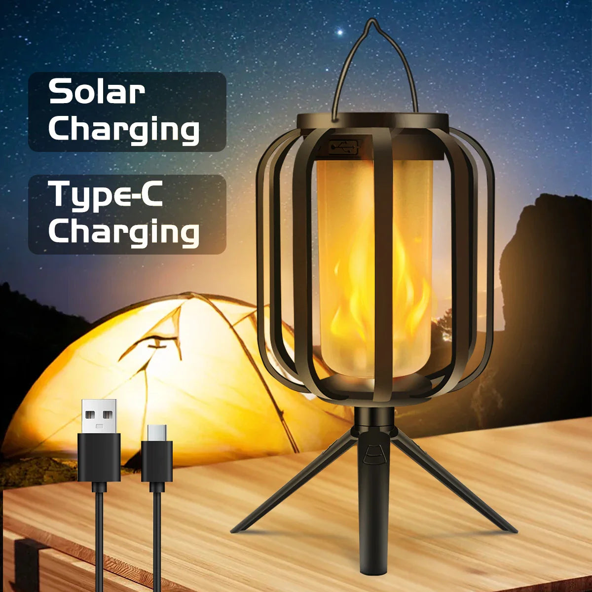 Solar lantern with Type-C charging feature on a wooden surface with a tent in the background.