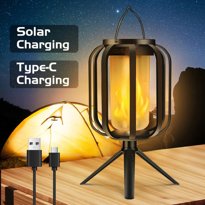 Solar lantern with Type-C charging feature on a wooden surface with a tent in the background.